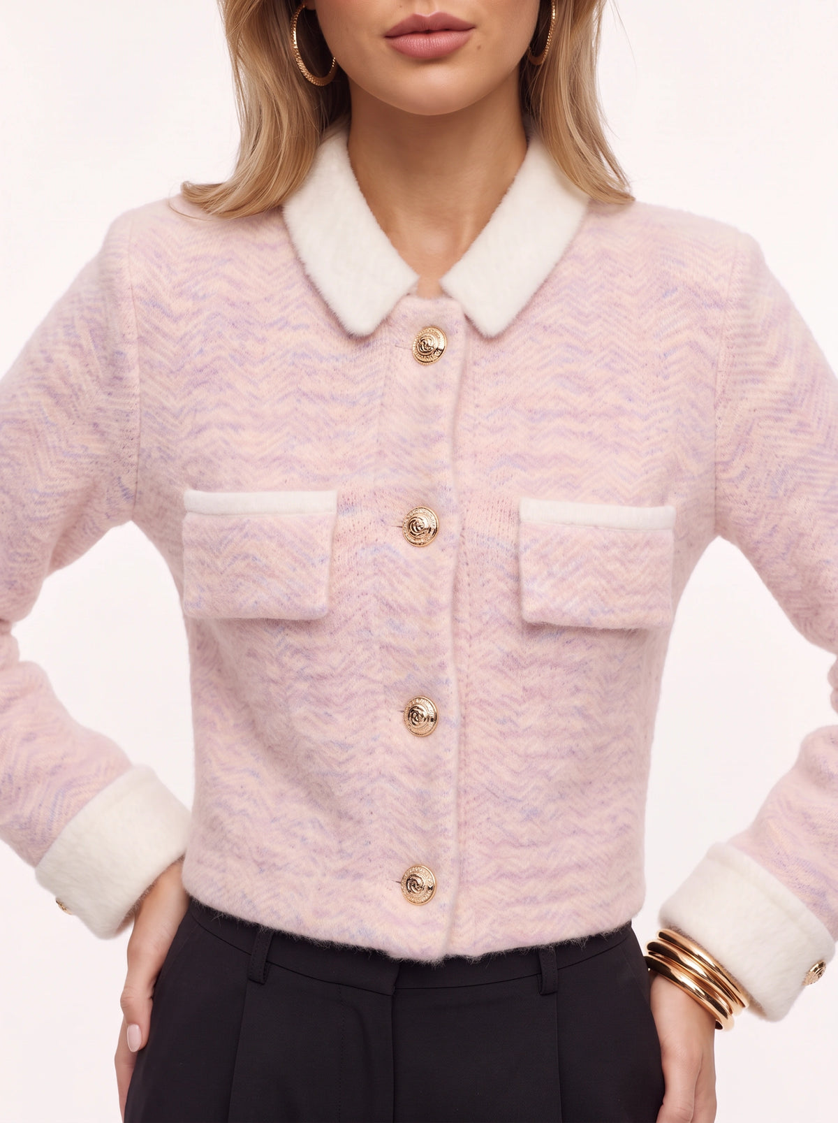 Trimpyn Contrast Collar Crop Cardigan – Fuzzy Knit Women Office Autumn Smart Casual Cropped Cardigan