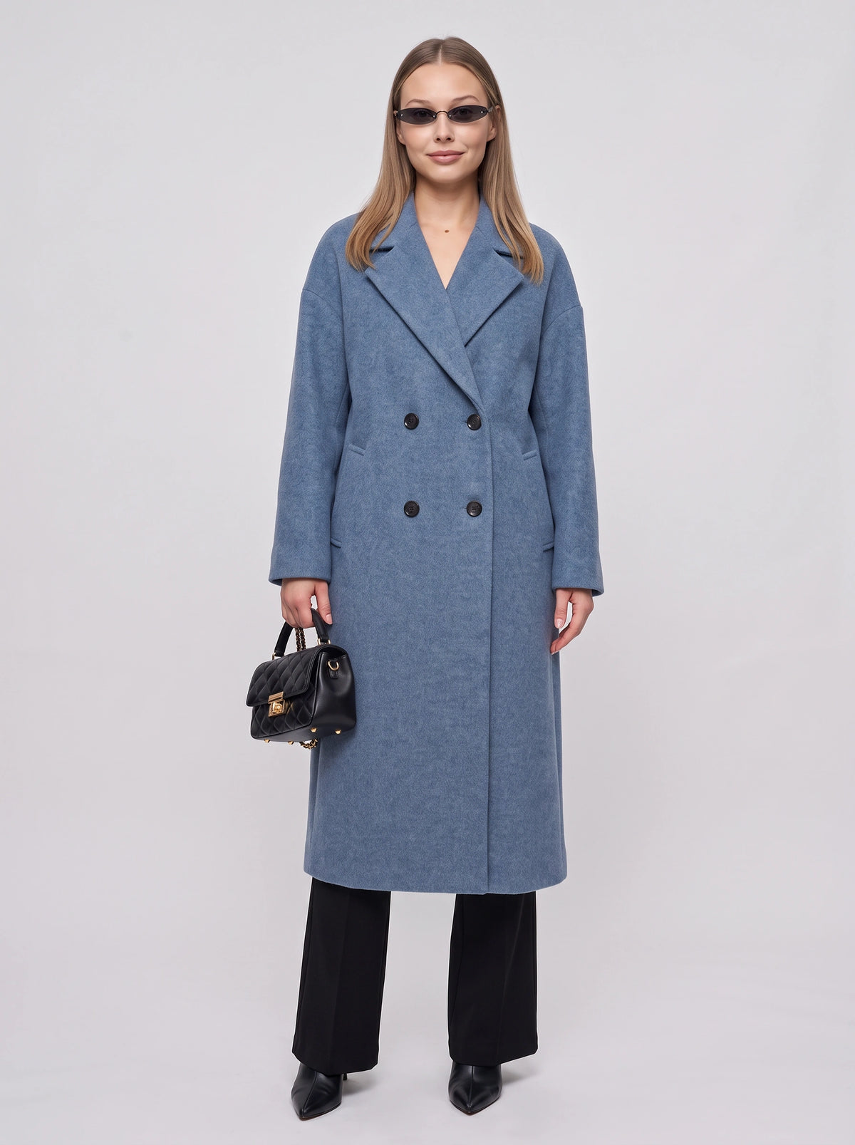 Notchelle Double-Breasted Longline Coat – Women Wool Blend Formal Winter Office Trench Coat