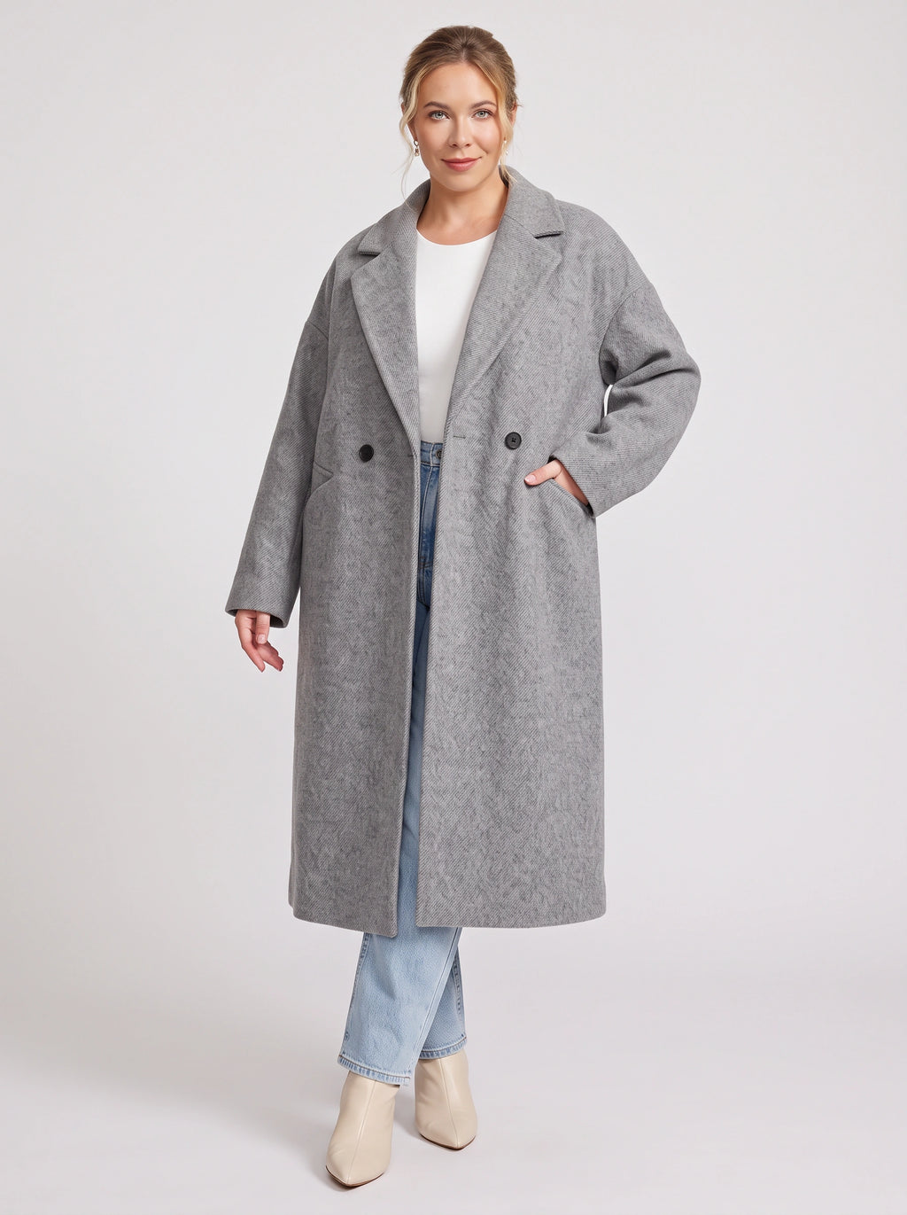 Nohpelle Double-Breasted Longline Coat – Women Oversized Winter Wool Blazer Coat Casual Office Tailored Longline Coat