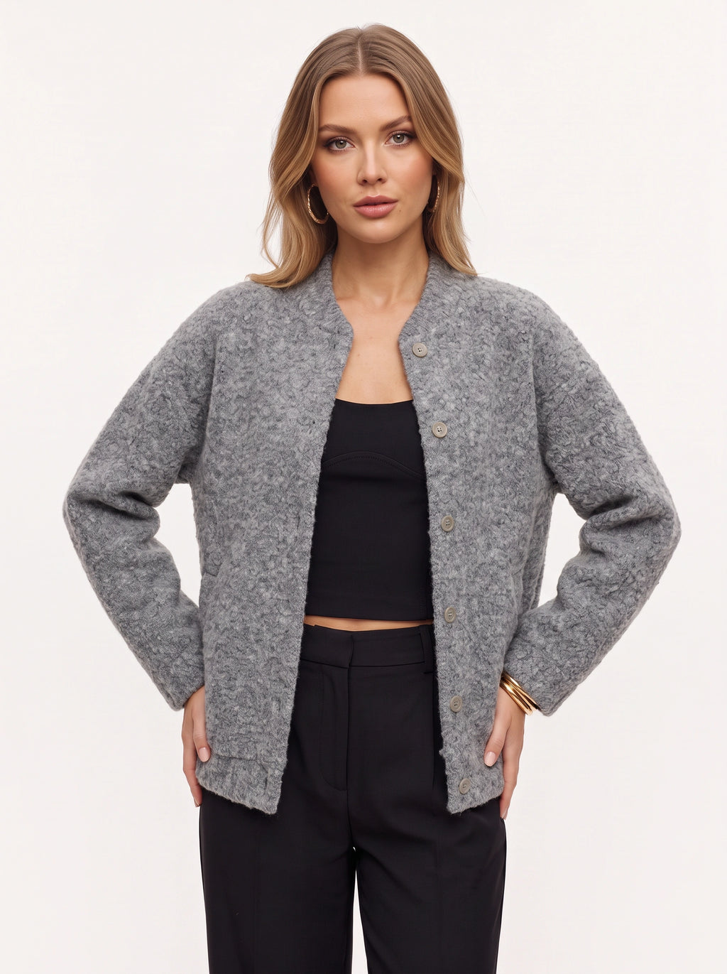 Bouclette Textured Longline Cardigan – Wool Blend Button Front Women Oversized Knit Cardigan Fall