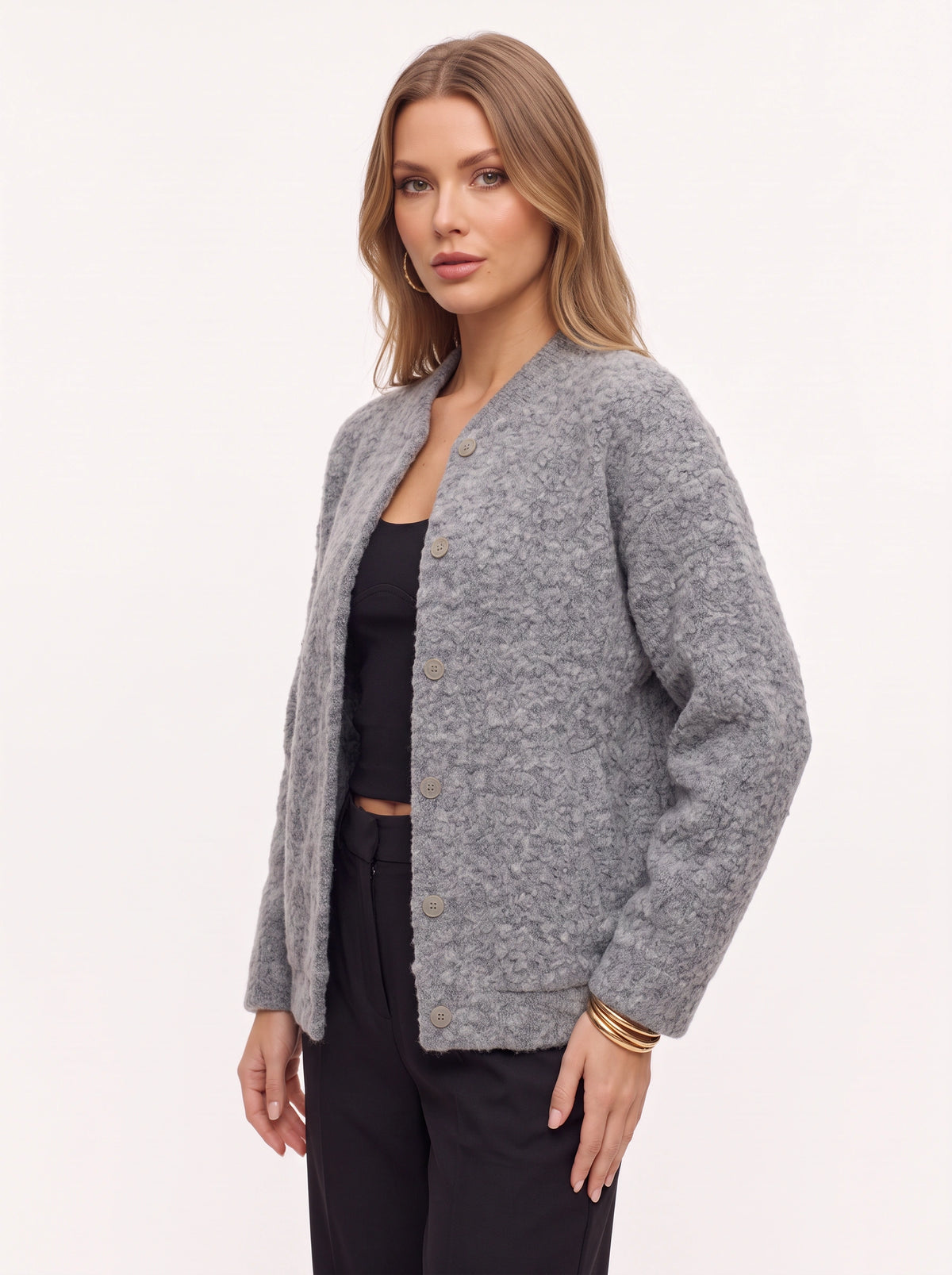 Bouclette Textured Longline Cardigan – Wool Blend Button Front Women Oversized Knit Cardigan Fall