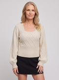 Lattagon Square Neck Cable Knit Jumper – Balloon Sleeve Fitted Sweater Women Fall Autumn Casual Elegant Knitwear Top