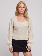 Lattagon Square Neck Cable Knit Jumper – Balloon Sleeve Fitted Sweater Women Fall Autumn Casual Elegant Knitwear Top