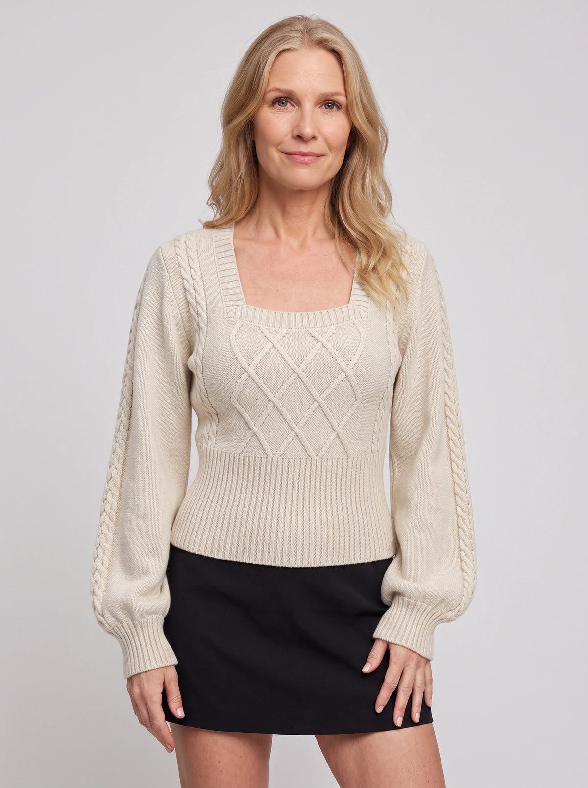 Lattagon Square Neck Cable Knit Jumper – Balloon Sleeve Fitted Sweater Women Fall Autumn Casual Elegant Knitwear Top