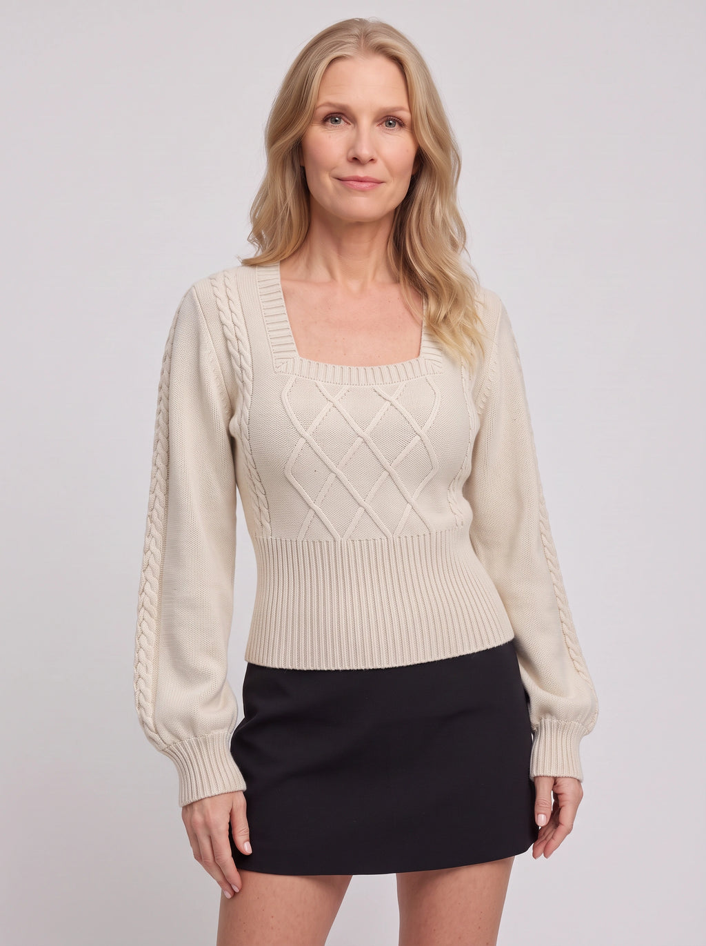 Lattagon Square Neck Cable Knit Jumper – Balloon Sleeve Fitted Sweater Women Fall Autumn Casual Elegant Knitwear Top