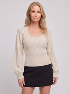 Lattagon Square Neck Cable Knit Jumper – Balloon Sleeve Fitted Sweater Women Fall Autumn Casual Elegant Knitwear Top