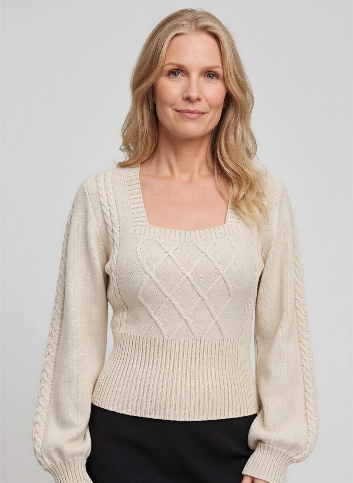 Lattagon Square Neck Cable Knit Jumper – Balloon Sleeve Fitted Sweater Women Fall Autumn Casual Elegant Knitwear Top