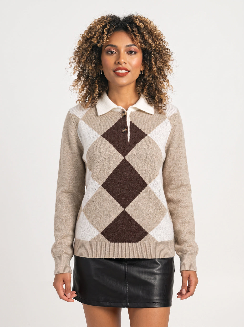 Argmond Argyle Collared Jumper – Button Neck Long Sleeve Knit Sweater Women Casual Preppy Autumn Office