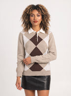 Argmond Argyle Collared Jumper – Button Neck Long Sleeve Knit Sweater Women Casual Preppy Autumn Office