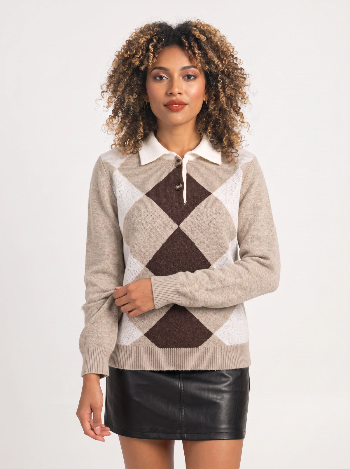 Argmond Argyle Collared Jumper – Button Neck Long Sleeve Knit Sweater Women Casual Preppy Autumn Office