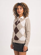 Argmond Argyle Collared Jumper – Button Neck Long Sleeve Knit Sweater Women Casual Preppy Autumn Office