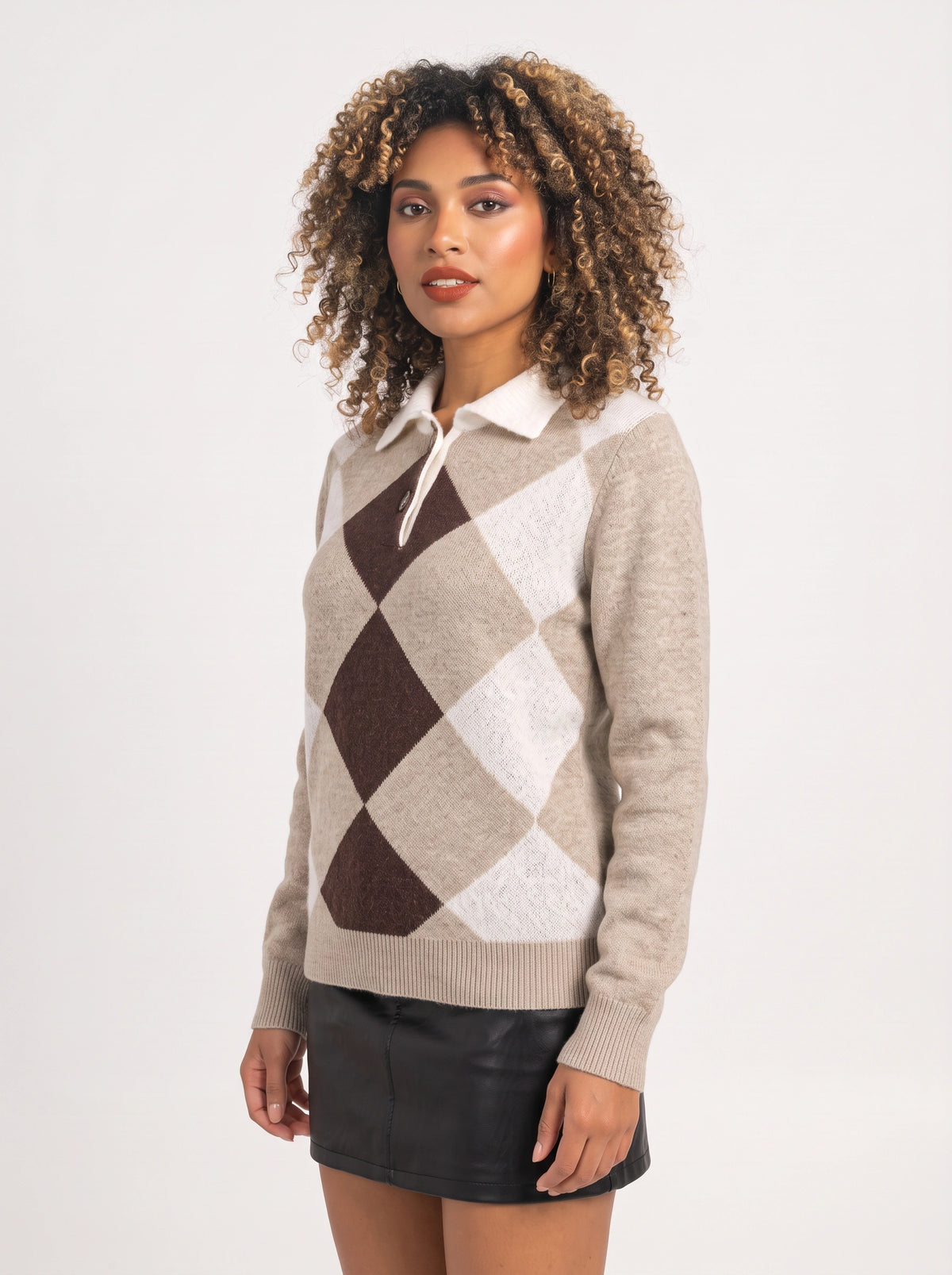 Argmond Argyle Collared Jumper – Button Neck Long Sleeve Knit Sweater Women Casual Preppy Autumn Office