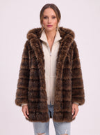 Bandora Hooded Faux Fur Longline Coat – Plush Panelled Winter Jacket Women Outerwear Formal Evening Party Longline Coat