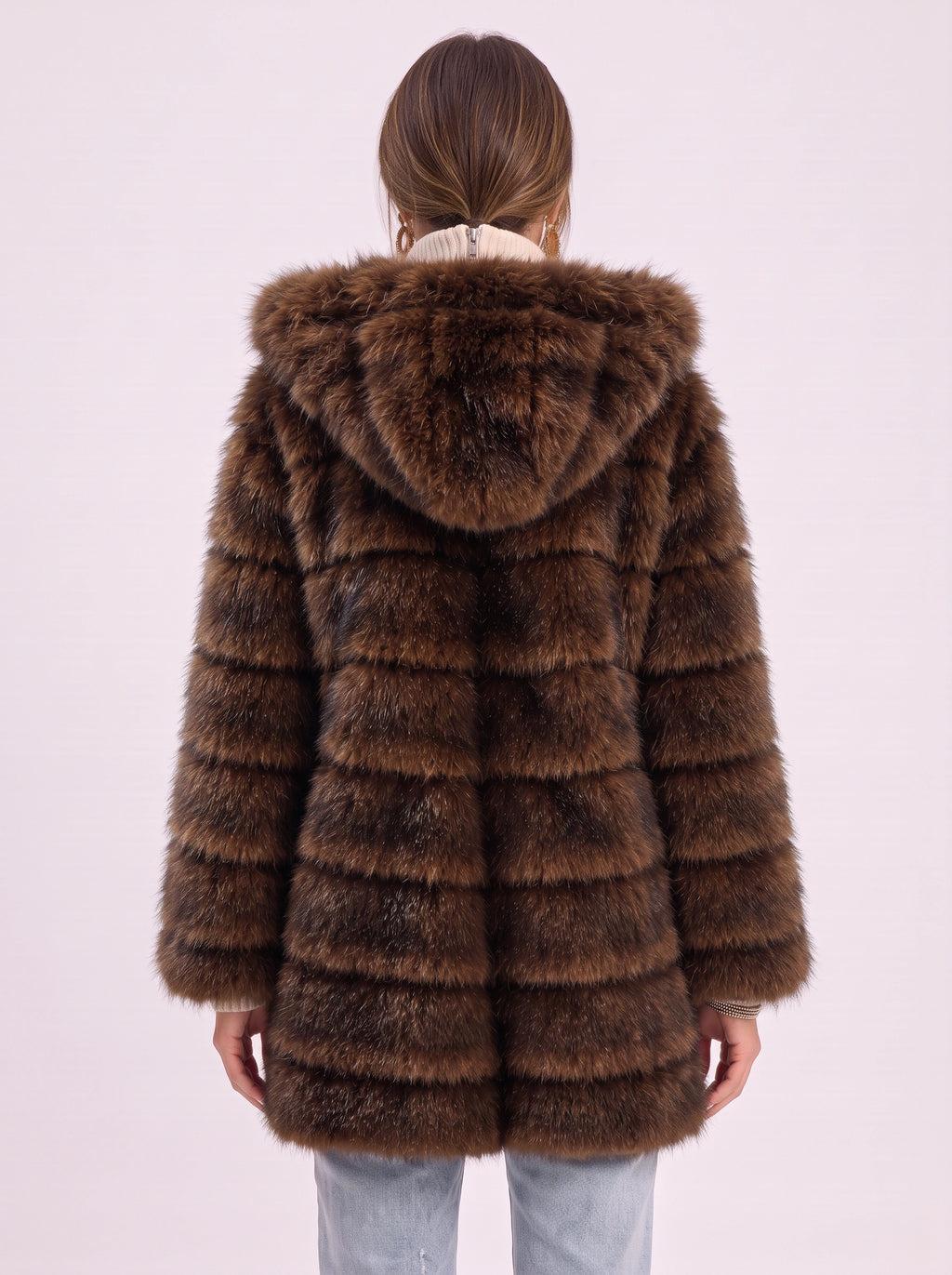 Bandora Hooded Faux Fur Longline Coat – Plush Panelled Winter Jacket Women Outerwear Formal Evening Party Longline Coat