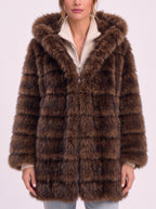 Bandora Hooded Faux Fur Longline Coat – Plush Panelled Winter Jacket Women Outerwear Formal Evening Party Longline Coat