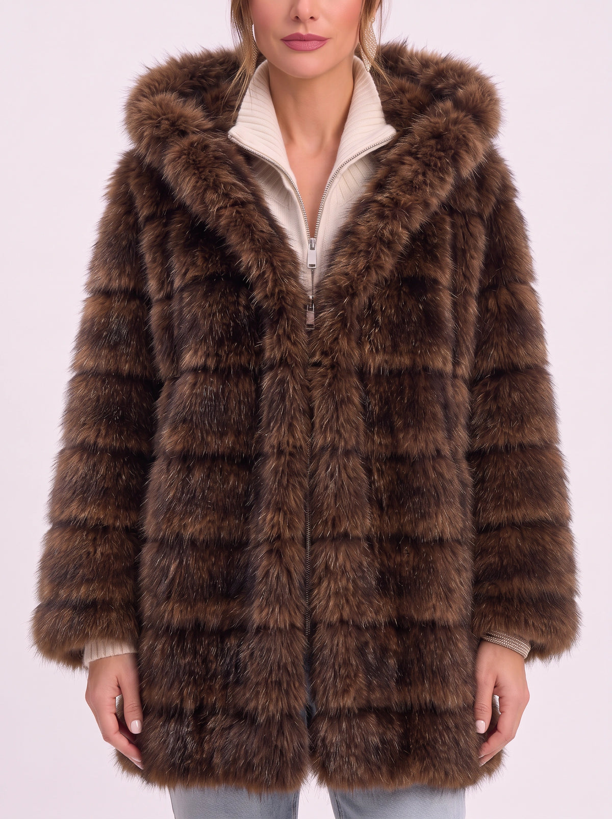 Bandora Hooded Faux Fur Longline Coat – Plush Panelled Winter Jacket Women Outerwear Formal Evening Party Longline Coat