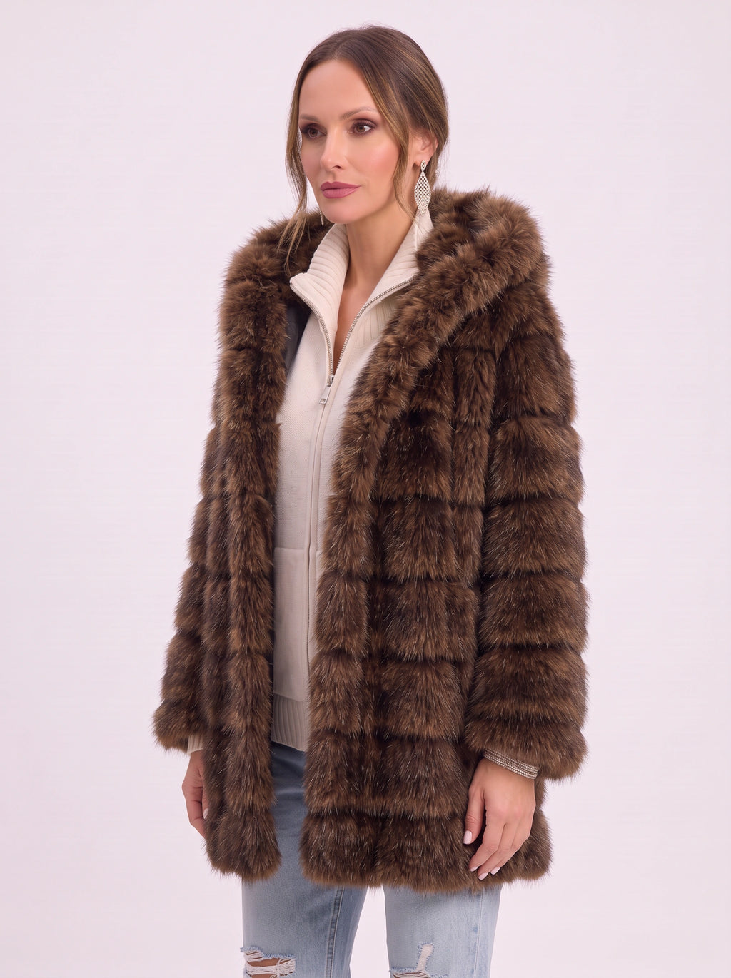 Bandora Hooded Faux Fur Longline Coat – Plush Panelled Winter Jacket Women Outerwear Formal Evening Party Longline Coat