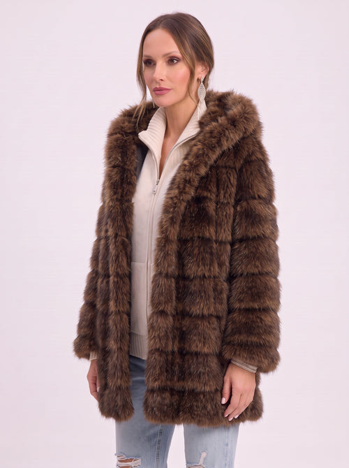 Bandora Hooded Faux Fur Longline Coat – Plush Panelled Winter Jacket Women Outerwear Formal Evening Party Longline Coat