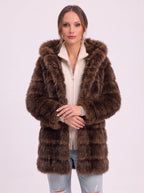 Bandora Hooded Faux Fur Longline Coat – Plush Panelled Winter Jacket Women Outerwear Formal Evening Party Longline Coat