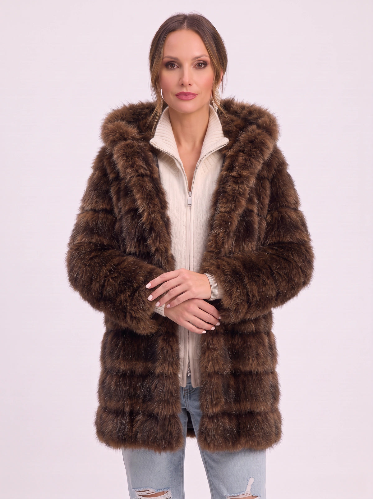 Bandora Hooded Faux Fur Longline Coat – Plush Panelled Winter Jacket Women Outerwear Formal Evening Party Longline Coat