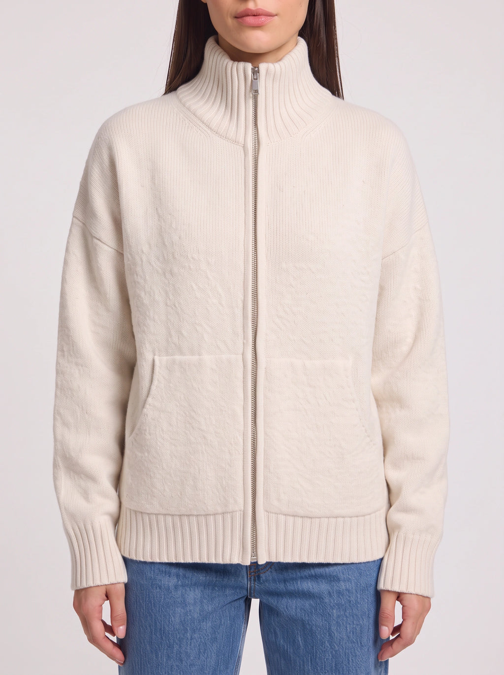 Knibrelle High Neck Zip Cardigan – Knitted Ribbed Cuff Women Casual Loungewear Fall Relaxed Fit Cardigan