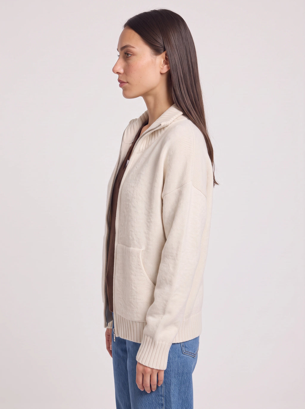 Knibrelle High Neck Zip Cardigan – Knitted Ribbed Cuff Women Casual Loungewear Fall Relaxed Fit Cardigan