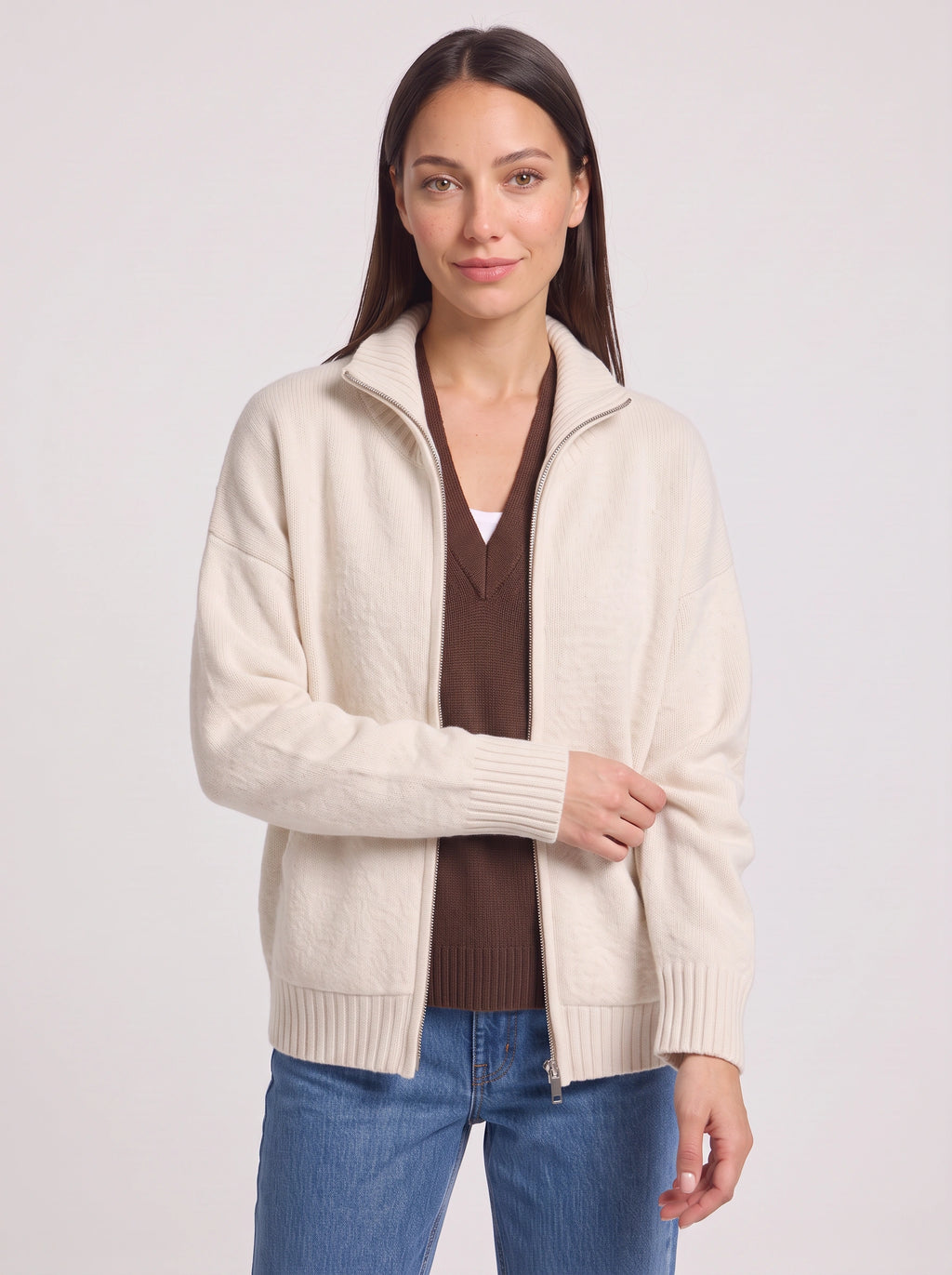 Knibrelle High Neck Zip Cardigan – Knitted Ribbed Cuff Women Casual Loungewear Fall Relaxed Fit Cardigan
