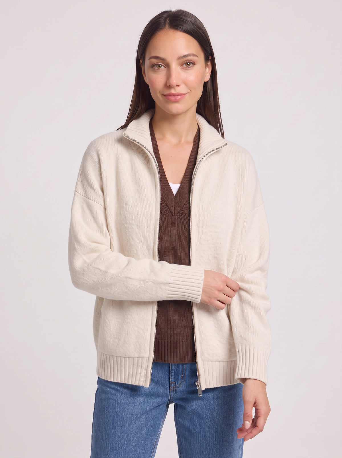 Knibrelle High Neck Zip Cardigan – Knitted Ribbed Cuff Women Casual Loungewear Fall Relaxed Fit Cardigan