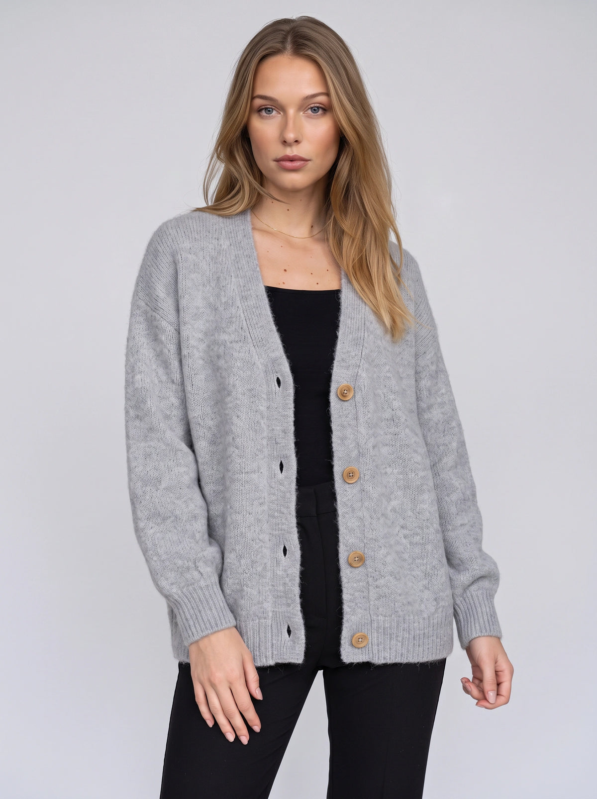 Rondwyn Fluffy Knit Oversized Cardigan – Women Chunky Cable Button Front Longline Autumn Cardigan