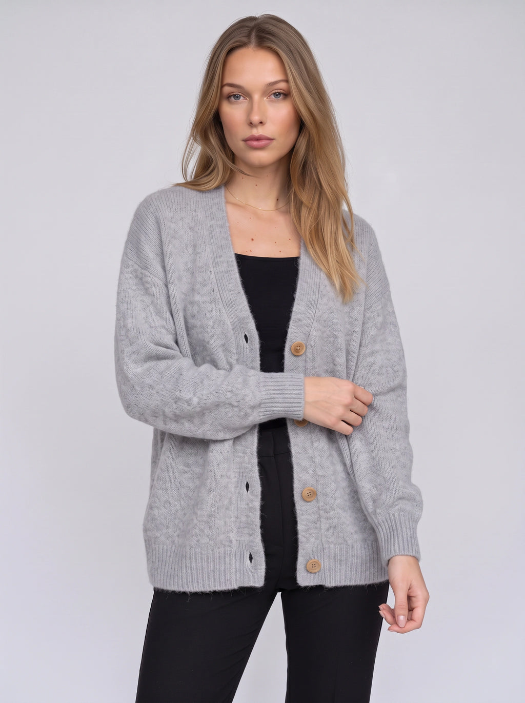 Rondwyn Fluffy Knit Oversized Cardigan – Women Chunky Cable Button Front Longline Autumn Cardigan