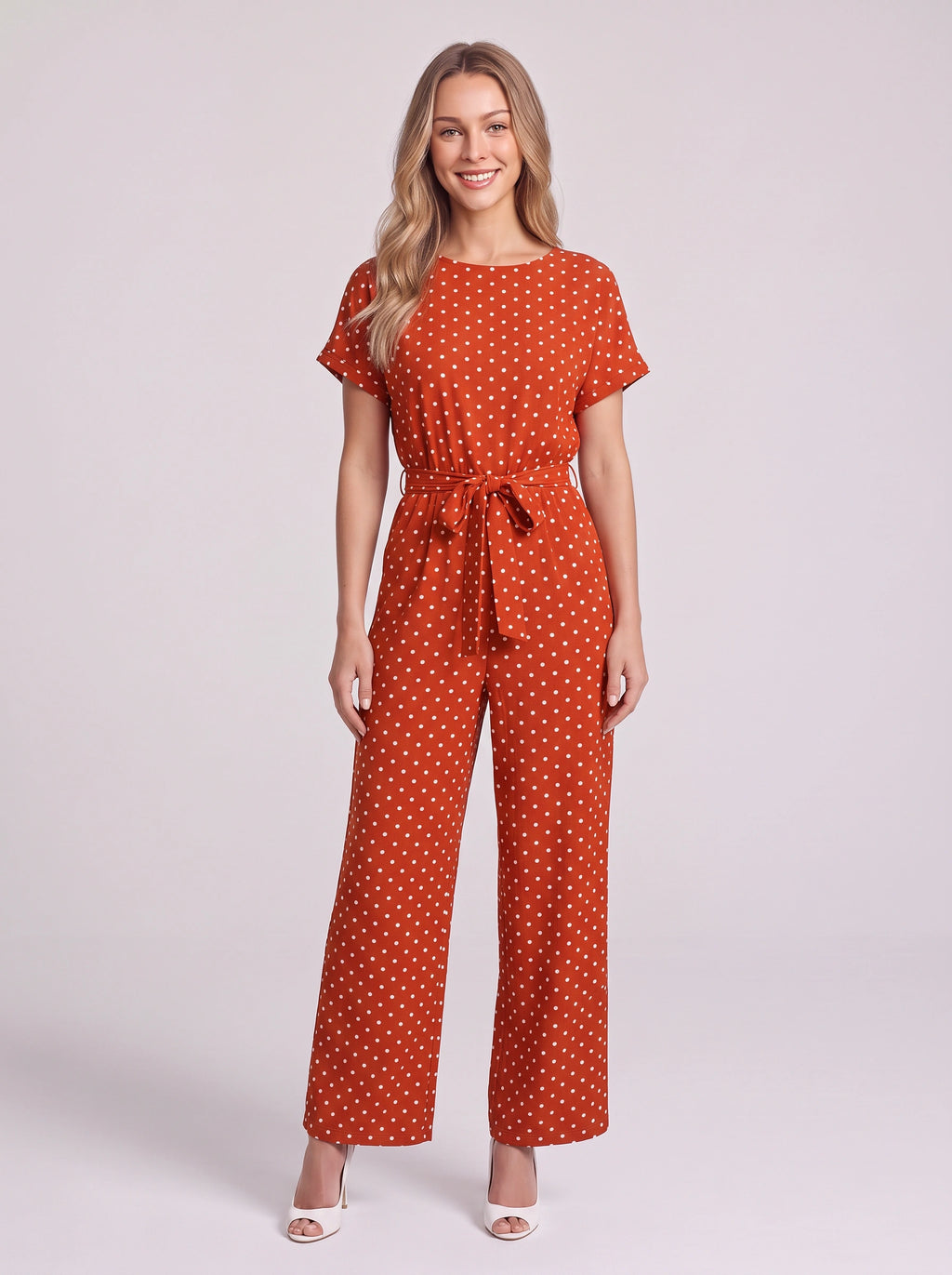 Tynora Polka Dot Wide-Leg Jumpsuit – Women Belted Occasion Party Evening Formal Spotty Jumpsuit
