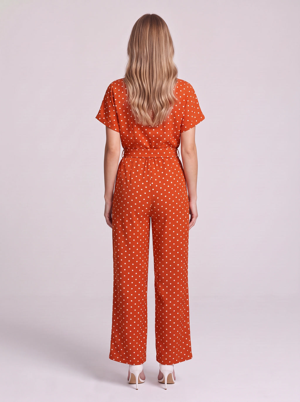 Tynora Polka Dot Wide-Leg Jumpsuit – Women Belted Occasion Party Evening Formal Spotty Jumpsuit