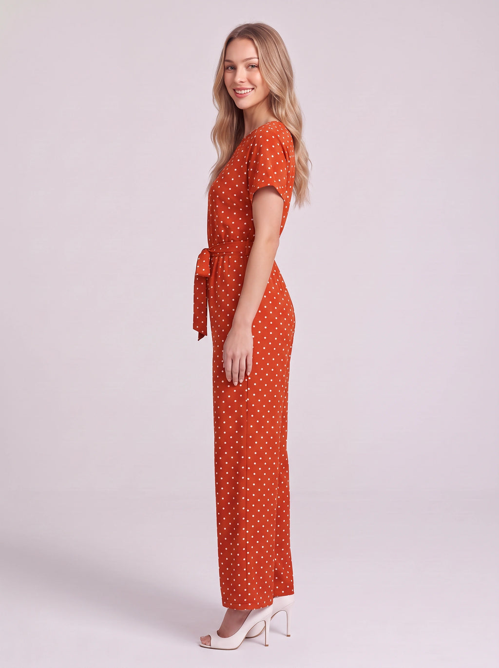 Tynora Polka Dot Wide-Leg Jumpsuit – Women Belted Occasion Party Evening Formal Spotty Jumpsuit