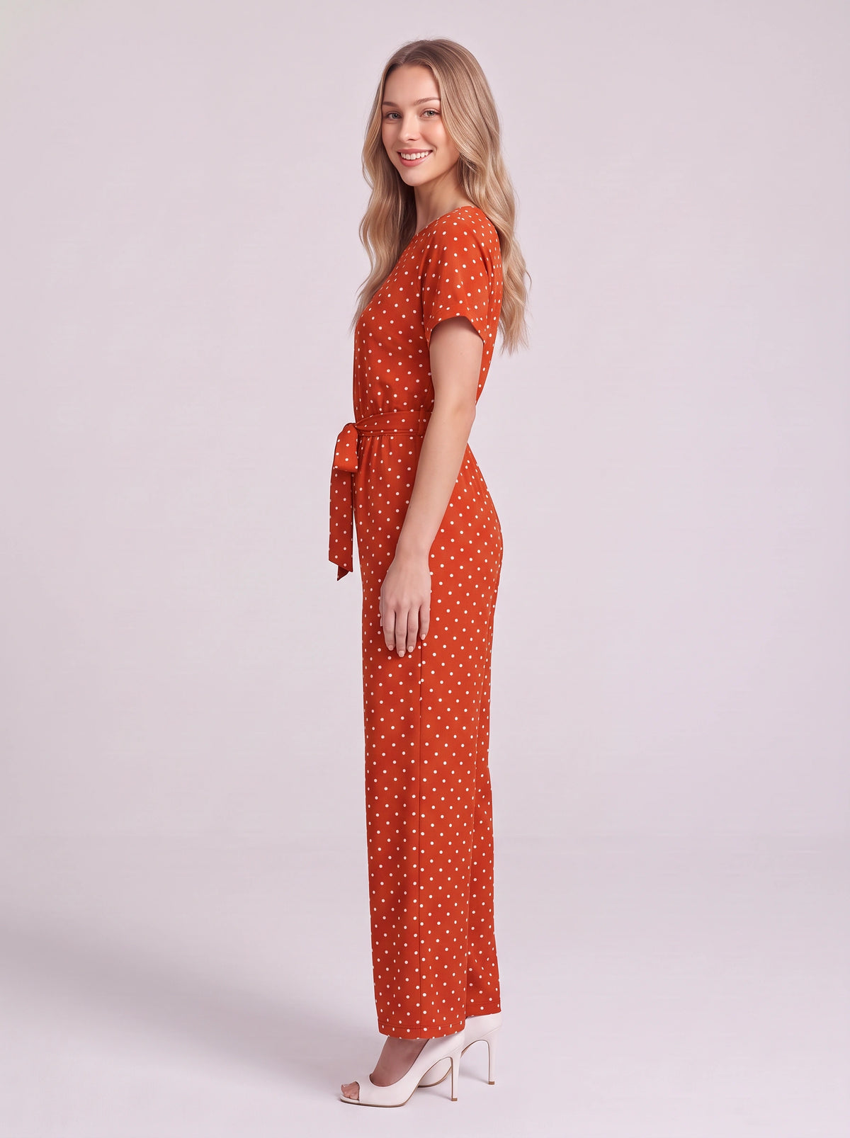 Tynora Polka Dot Wide-Leg Jumpsuit – Women Belted Occasion Party Evening Formal Spotty Jumpsuit