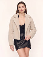 Nolapine Notched-Lapel Teddy Jacket – Women Cropped Biker Faux Fur Winter Casual Streetwear Jacket