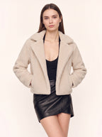 Nolapine Notched-Lapel Teddy Jacket – Women Cropped Biker Faux Fur Winter Casual Streetwear Jacket