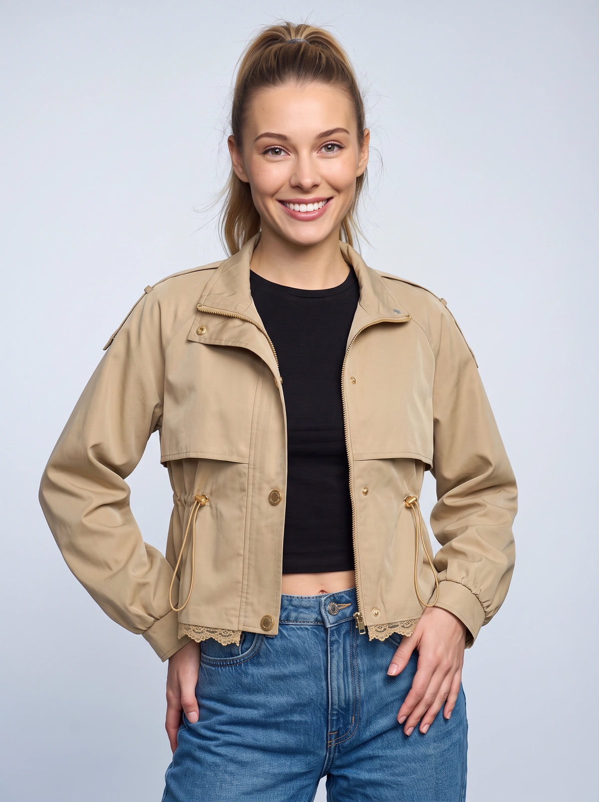 Lacrime Cropped Utility Field Jacket – Women Casual Autumn Cargo Drawstring Crop Jacket