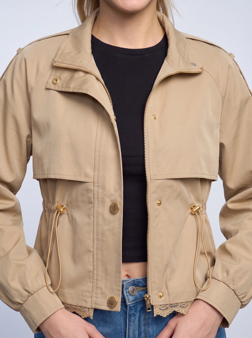 Lacrime Cropped Utility Field Jacket – Women Casual Autumn Cargo Drawstring Crop Jacket