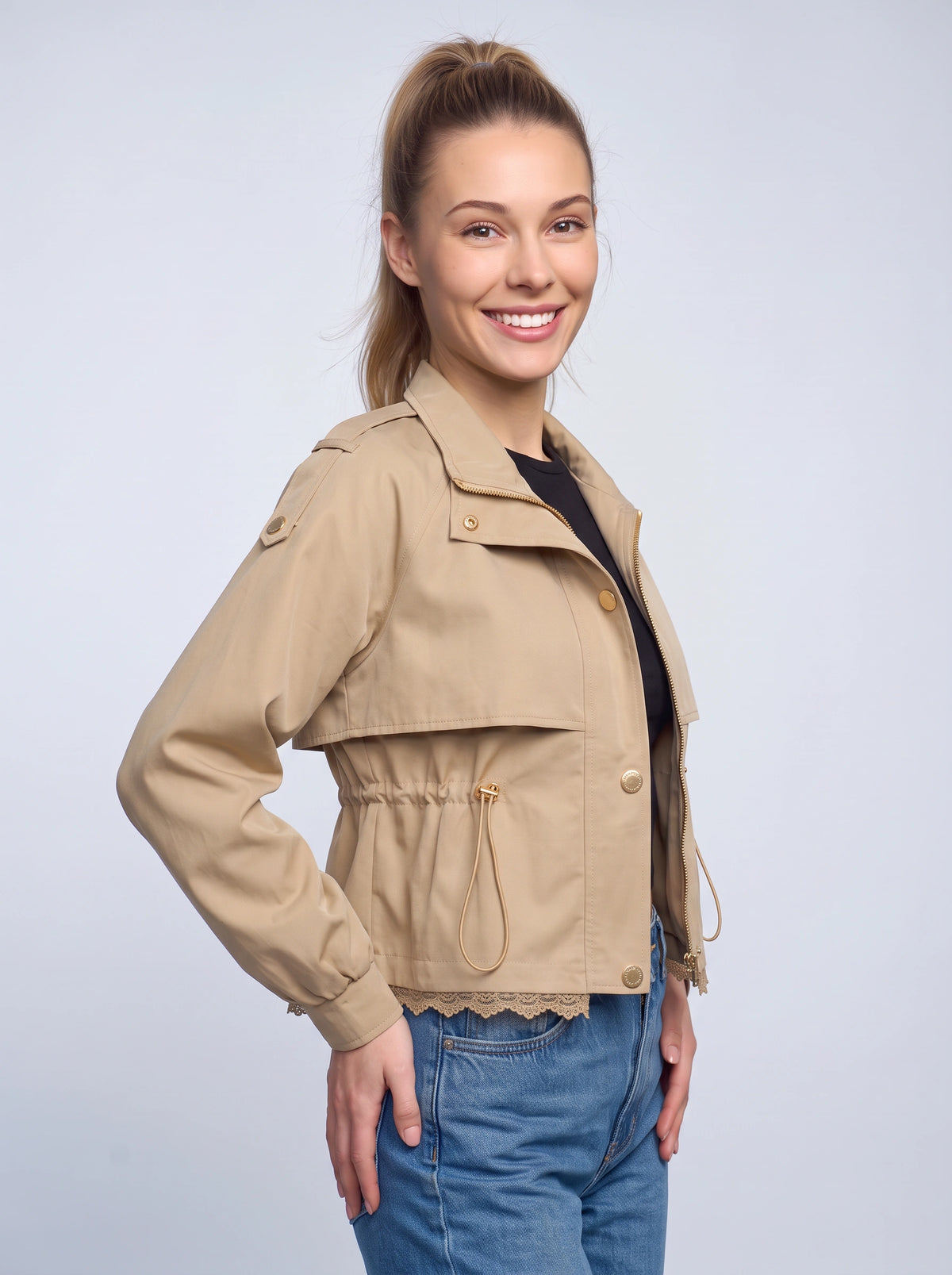 Lacrime Cropped Utility Field Jacket – Women Casual Autumn Cargo Drawstring Crop Jacket