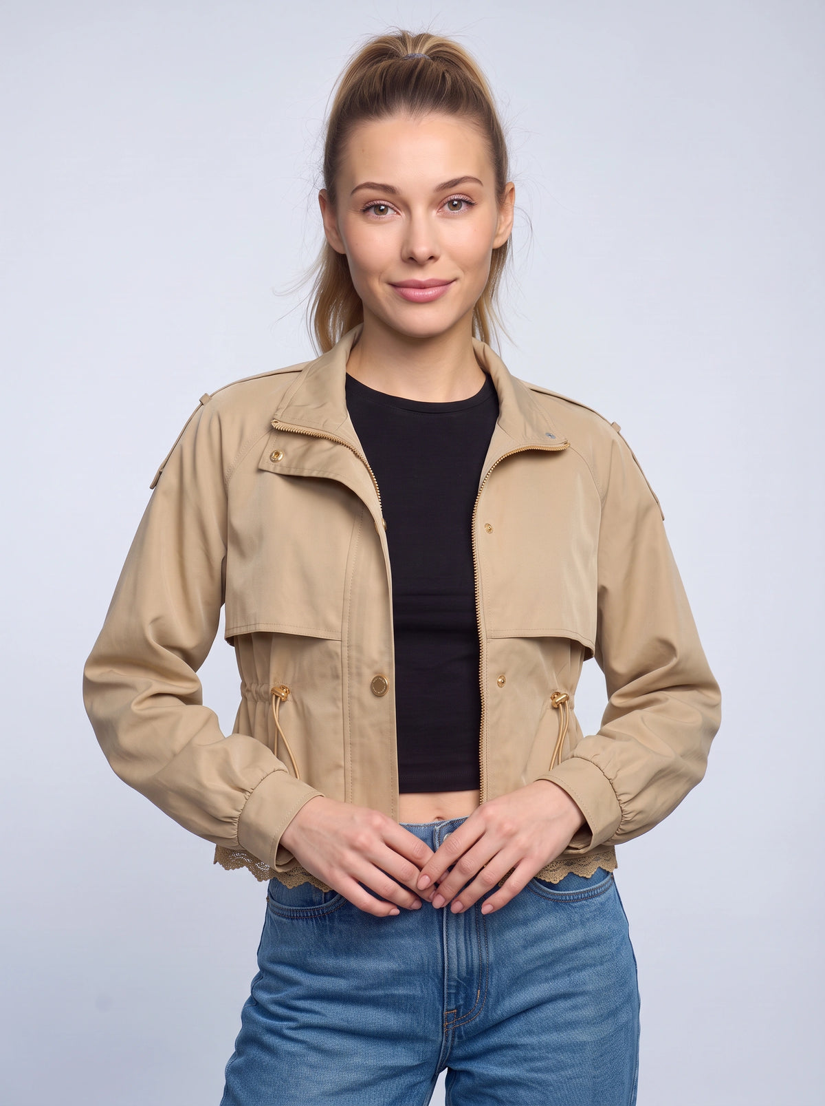 Lacrime Cropped Utility Field Jacket – Women Casual Autumn Cargo Drawstring Crop Jacket