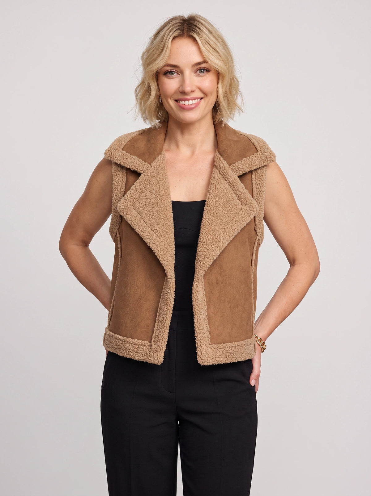 Shawrola Sleeveless Shearling Gilet – Women Fleece Waistcoat Autumn Winter Casual Oversized Teddy Vest