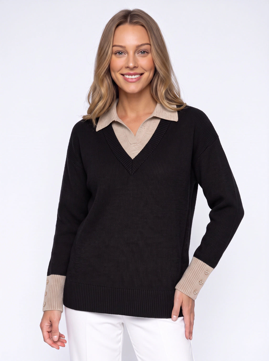 Cufton Layered Collar Knit Jumper – Ribbed Polo Neck Women Long Sleeve Knit Sweater Casual Office Top