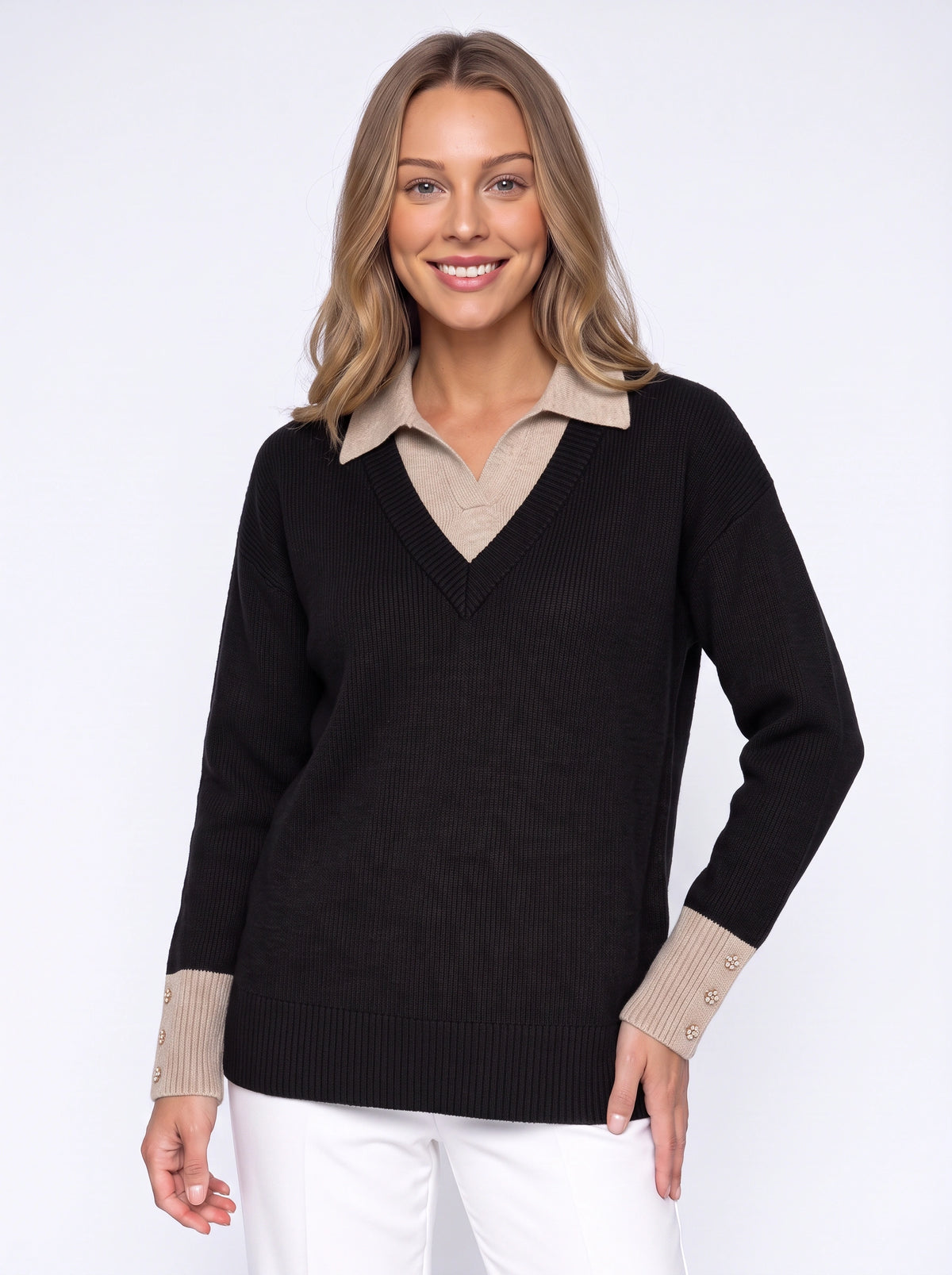 Cufton Layered Collar Knit Jumper – Ribbed Polo Neck Women Long Sleeve Knit Sweater Casual Office Top