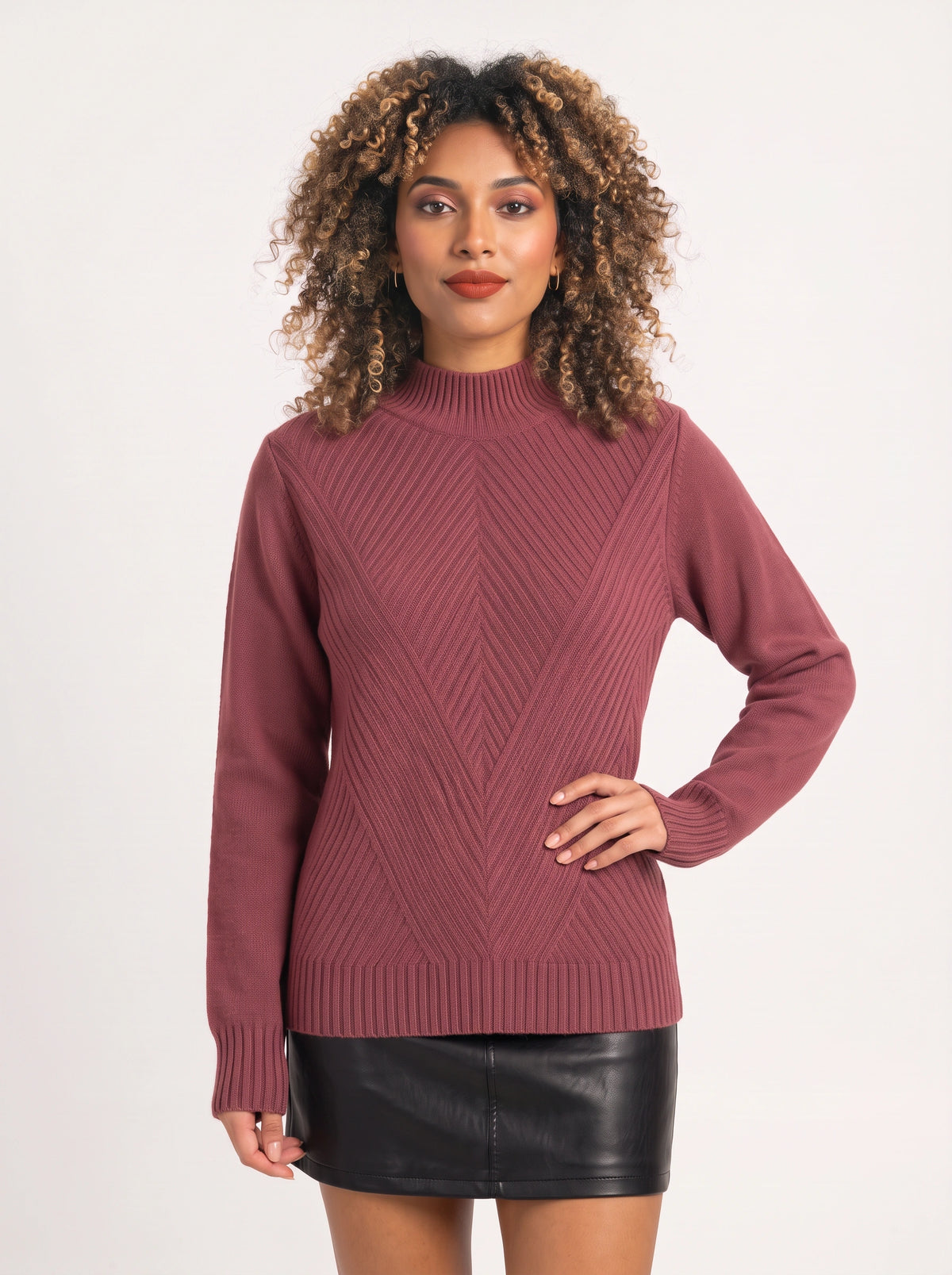 Chevlatte Half Turtleneck Chevron Knit Jumper – Women Casual Autumn Ribbed Knitwear Long Sleeve Jumper