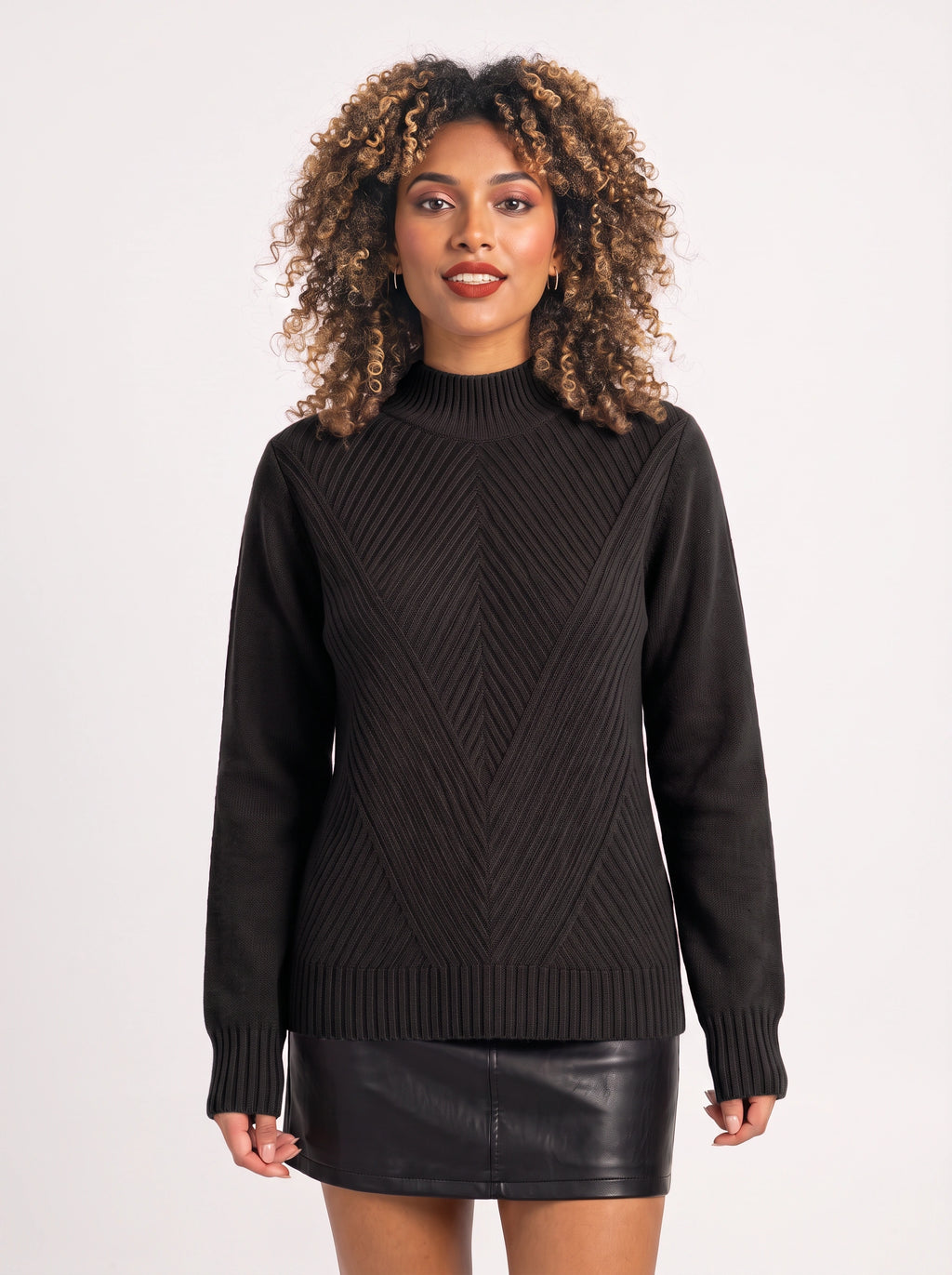 Chevlatte Half Turtleneck Chevron Knit Jumper – Women Casual Autumn Ribbed Knitwear Long Sleeve Jumper