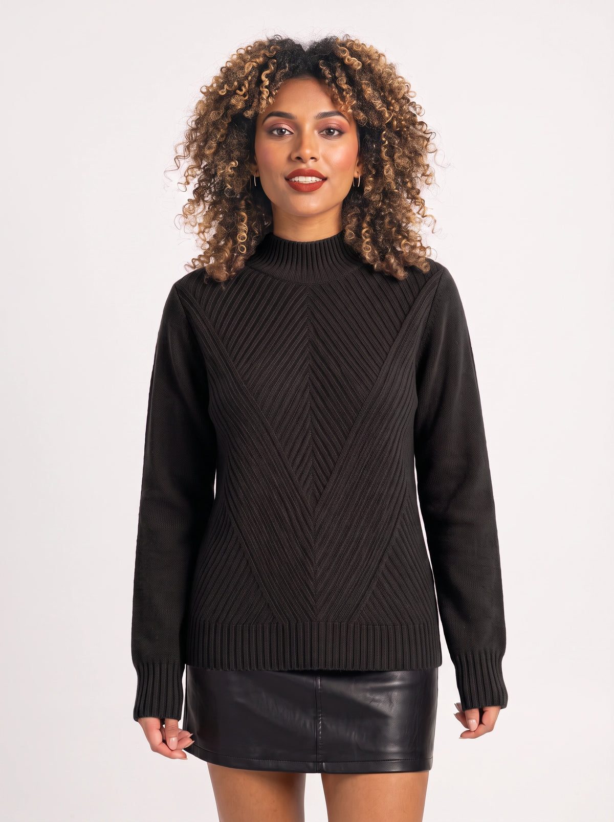 Chevlatte Half Turtleneck Chevron Knit Jumper – Women Casual Autumn Ribbed Knitwear Long Sleeve Jumper