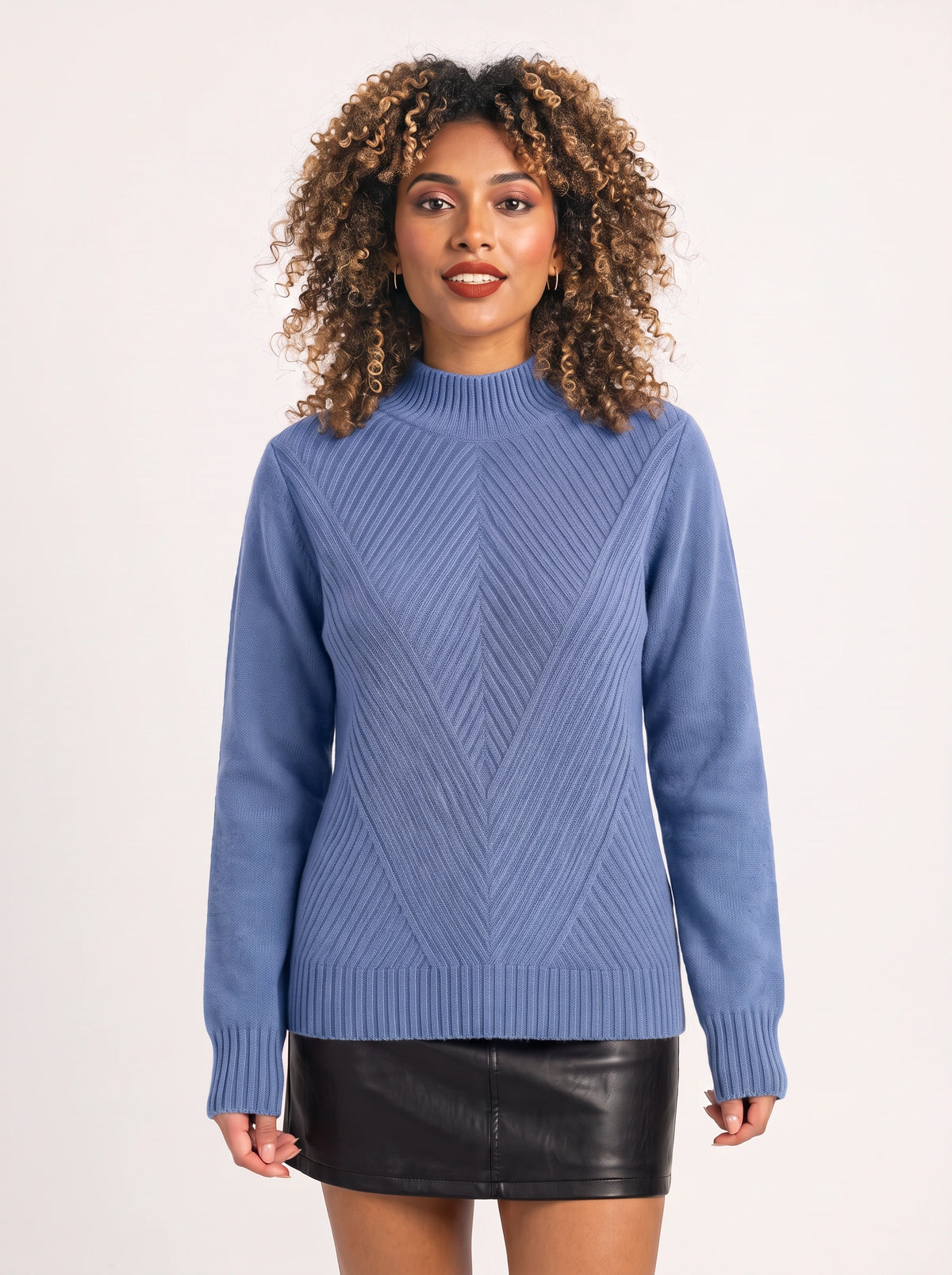 Chevlatte Half Turtleneck Chevron Knit Jumper – Women Casual Autumn Ribbed Knitwear Long Sleeve Jumper
