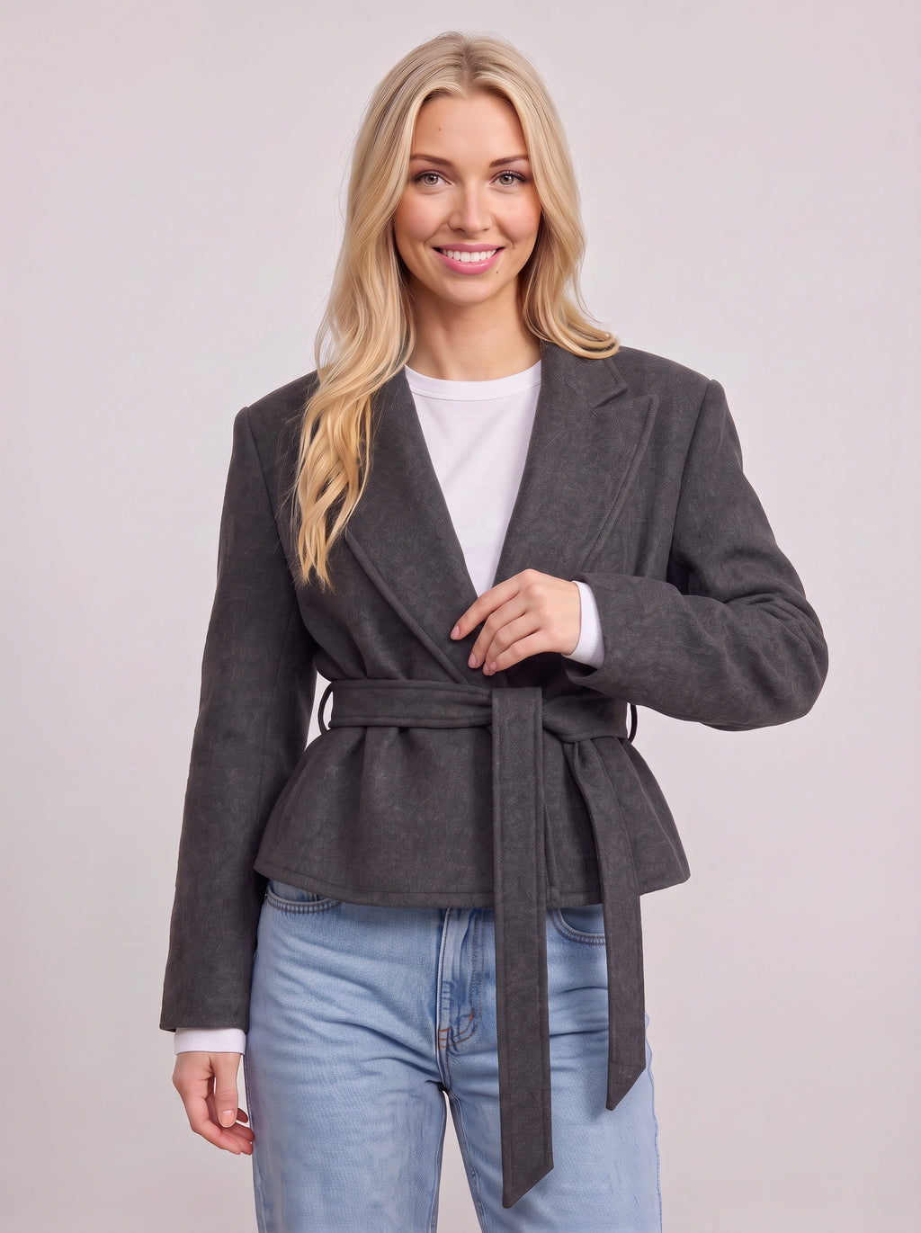 Trailyne Belted Cropped Blazer – Women Smart Casual Office Tailored Wrap Front Autumn Jacket