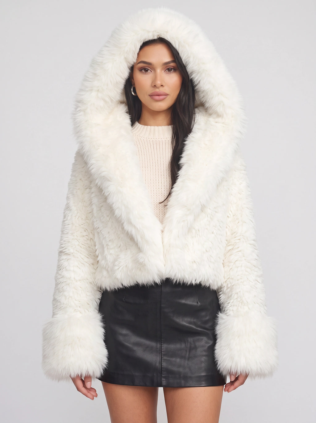 Cufflyn Hooded Faux Fur Jacket – Women Oversized Fluffy Winter Coat Evening Party Cropped Jacket
