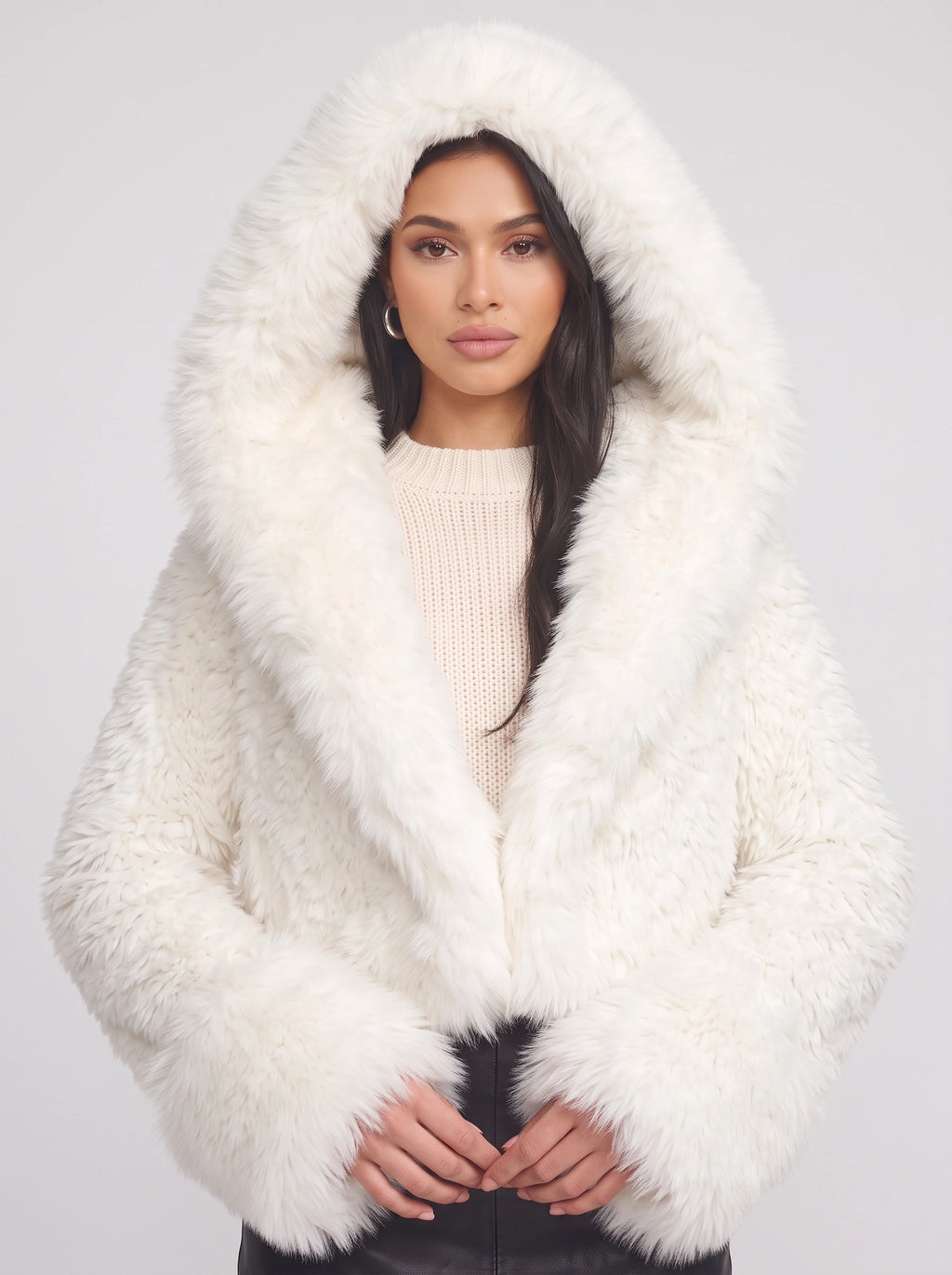 Cufflyn Hooded Faux Fur Jacket – Women Oversized Fluffy Winter Coat Evening Party Cropped Jacket